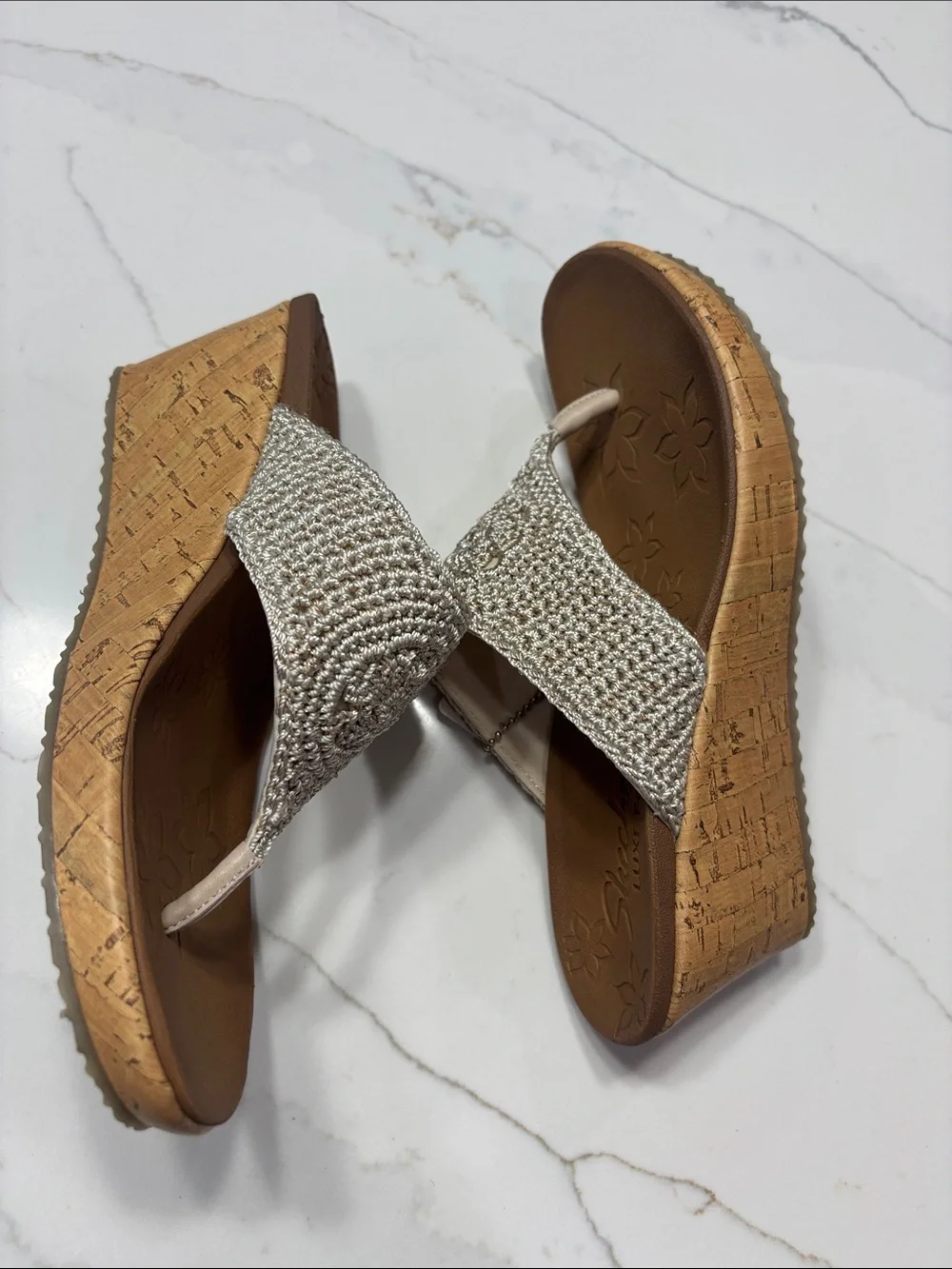 Skechers Silver Beaded Cork-Look Wedge Thong Sandals